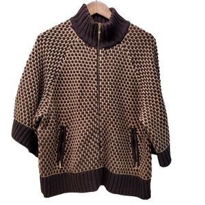 JONES NEW YORK Cotton Blend Full Zip Brown Tan Geometric Knit Sweater Jacket